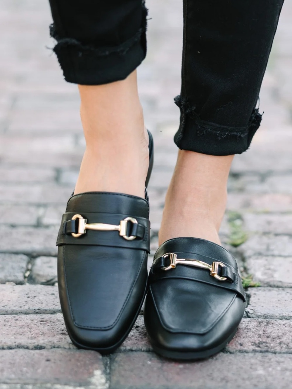 a new day Black Leather Slip-On Loafers with Gold Bit